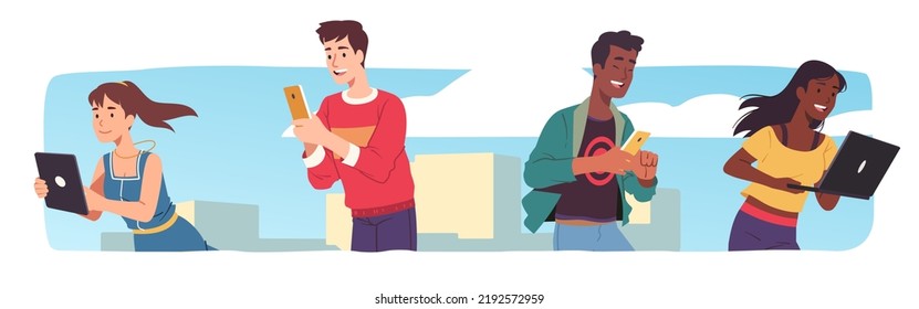 Women, men using mobile cell phones, laptop, tablet computer in city. Smiling persons surfing on Internet, communicating online. Gadget addiction, communication technology flat vector illustration