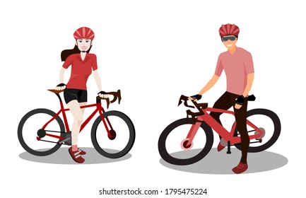 Women and men wear cycling clothing and stand up with their road bikes.Vector flat style cartoon illustration isolated, white background