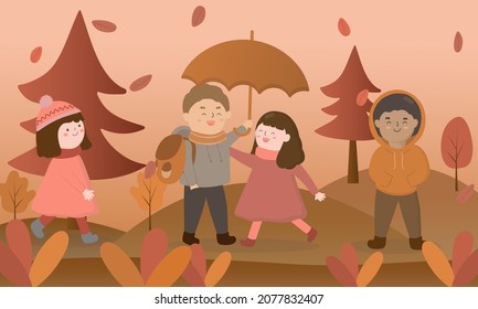Women and men wear sweaters and wear hats. and holding umbrella being happy in autumn at nature park, cartoon charector, flat vector illustration