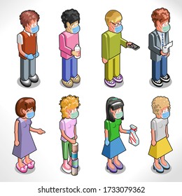 Women and men wearing protective masks, caucasian (isometric view, vector illustration)
