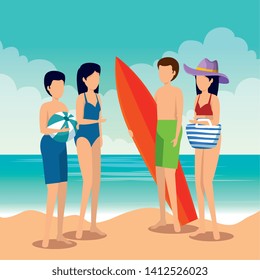 women and men wearing swimsuit with surfboard and ball