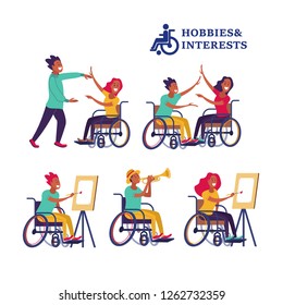 Women and men wheelchair users dance, draw, play the trumpet. The concept of a society and a community of persons with disabilities. Hobbies, interests, lifestyle of people with disabilities. 