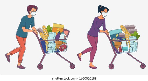 Women and men in white medical masks with cart shopping in supermarket. Concept of corona virus  quarantine vector illustration