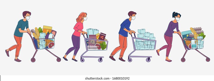 Women and men in white medical masks with cart shopping in supermarket. Concept of corona virus  quarantine vector illustration