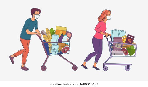 Women and men in white medical masks with cart shopping in supermarket. Concept of corona virus  quarantine vector illustration