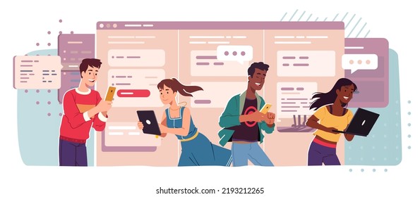 Women, men work in planning scrum board application on laptop, tablet, mobile cell phones. Persons use organizer task, reminder cards. Project management, schedule app concept flat vector illustrati