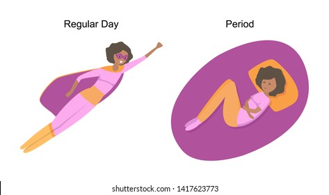 Women menstruation pain vector concept.
Woman in a regular day is a super woman.  Set of two African American women. Menstrual pain illustration. Symptoms of pms pain.