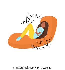 Women menstruation pain vector concept. Young African American woman lies on the couch and feel sick.
Menstrual pain illustration. Symptoms of pms pain.