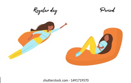 Women menstruation pain vector concept.Woman in a regular day is a super woman.  Set of two African American women. Menstrual pain illustration. Symptoms of pms pain.