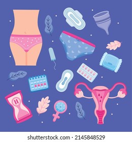 women menstruation set icons pattern