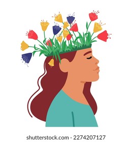 Women Mental Health Concept with Calm Female Character with Closed Eyes and Colorful Flowers Growing in Head. Psychological Support, Healthy Mind, Positive Thinking Theme. Cartoon Vector Illustration