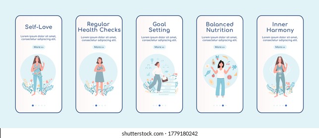 Women mental health onboarding mobile app screen flat vector template. Self acceptance. Walkthrough website steps with characters. UX, UI, GUI smartphone cartoon interface, case prints set