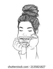 Women with messy bun hairstyles holding a cup of coffee. Black and white vector line art illustration 
