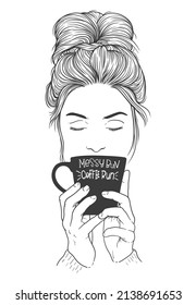 Women with messy bun hairstyles with two hands holding a cup of coffee. Black and white vector line art illustration