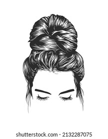 Women messy bun hairstyles, vector line art illustration