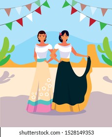 women with mexican typical costume costume vector illustration design