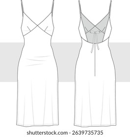 Women midi satin dress with back bow details technical fashion sketch, illustration. Front and back view, women CAD, mockup set.
