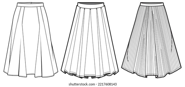 Women midi Skirt flat sketch illustration, Set of Womens pleated  skirt font and back view technical drawing vector illustration