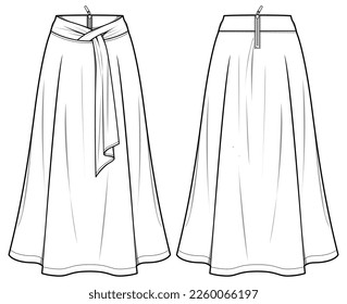 Women midi Skirt flat sketch illustration, Fabric belted waist  skirt with  font and back view technical drawing vector illustration
