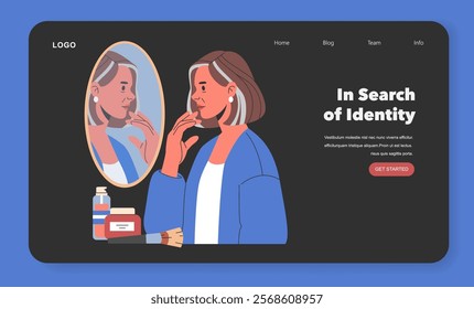 Women Midlife Crisis concept. Illustration of a thoughtful woman looking at her reflection, contemplating identity with medication nearby. Personal growth journey. Vector illustration.