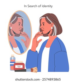 Women Midlife Crisis concept. An illustration showing a contemplative woman looking at her reflection, pondering identity during midlife transition. Vector illustration.