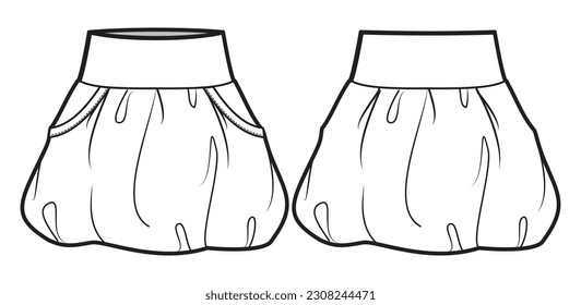 Women mini bubble skirt flat sketch illustration, womens Balloon skirt fashion technical drawing vector template mock up