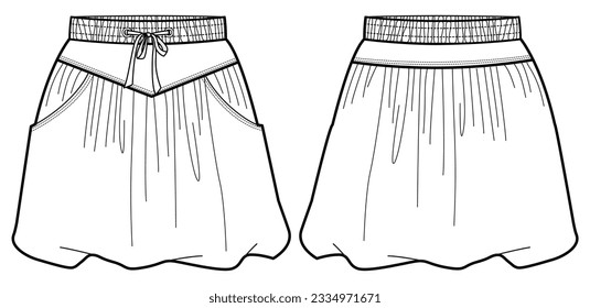 Women mini bubble skirt flat sketch illustration, womens Balloon skirt fashion technical drawing vector template mock up