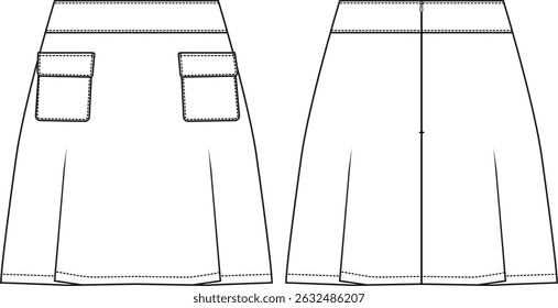 Women mini skirt with patch pockets at front only, hidden zipper closure at back, sketch front and back, vectors