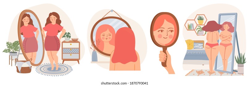 Women with mirrors. Confident young female look at reflection in mirror. Self acceptance concept. Girls in scandinavian interior vector set. Happy carefree overweight lady loving her body,