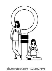 women with mobile and magnifying glass