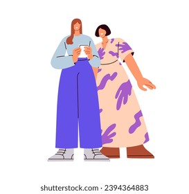 Women with mobile phone, watching together. Girl with smartphone showing something to friend. Girls looking at gadget, smiling, laughing. Flat graphic vector illustration isolated on white background