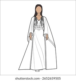 Women model with kaftan blouse top design flat sketch fashion illustration with front and back view, Short kaftan top technical drawing vector template