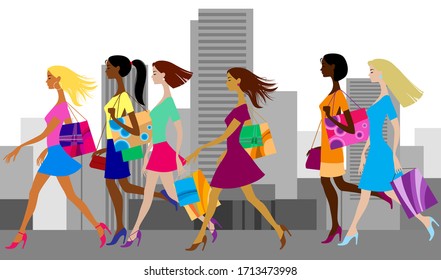 Women in a modern city, metropolis. Shopping girls walking down the city street. Background with a group of people. Vector illustration in flat style.