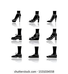 Women modern shoes drop shadow black glyph icons set. Female summer and autumn elegant footwear. Stiletto high heels, loafers. Winter and fall season boots. Isolated vector illustrations
