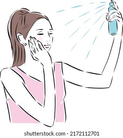 Women moisturizing with mist spray