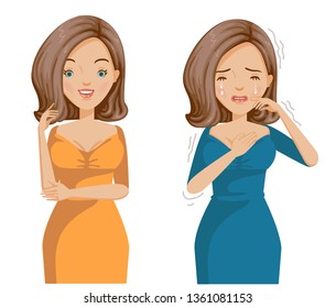 Women mood contrast. Smiling media, positive emotions and smiling media negative emotions. Sullen, smiling, happiness and suffering.