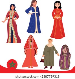 women in Moroccan folk costume isolated on white background. 