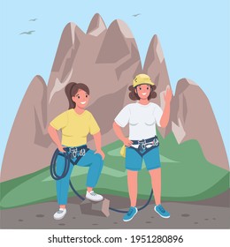 Women mountaineers flat color vector illustration. Two girls with climbing equipment. Cheerful female climbers on summer vacation. 2D cartoon characters with mountains on background