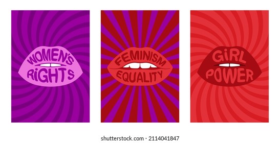 Women Movement Concepts. Illustrations With Feministic Quotes On Female Lips. Girl Power, Equality, Womens Rights, Feminism. Red, Pink And Purple Background. Vector Illustration Set For Poster, Cover