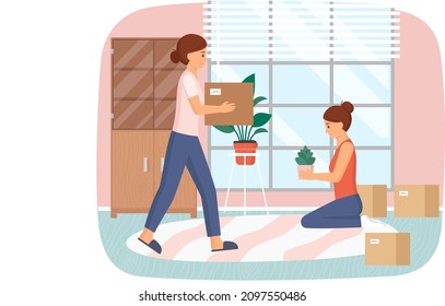 Women moving to new house, carrying things to apartment, changing place of residence, relocation. People unpacking things after shipping, decorating new home. Rental of premises, moving concept