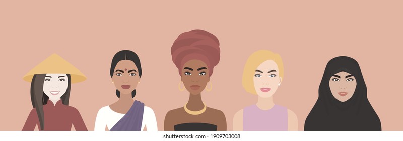  Women Multi-Ethnic, Different Nationalities, Cultures Standing Together. African, Asian, European, Arab. Women s Friendship, Feminism, Sisterhood, Female s Empowerment Movement Beauty Concept