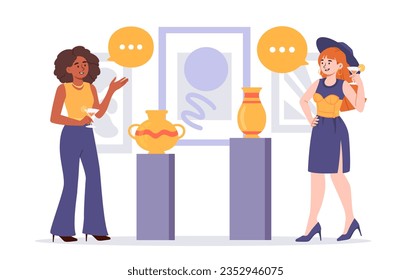 Women in museum concept. Young girls discussing traditional old yellow vases. Exhibition and museum. Cultural rest and leisure. Archeology and history. Cartoon flat vector illustration