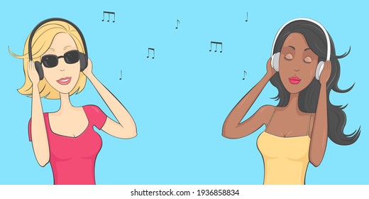Women - music lovers in headphones. Poster. Vector illustration.