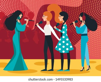 Women Music Quartet Band Performing On Stage During Musical Competition, Talent Show Audition Or Entertainment Concert, Girls Singers Presenting Composition On Scene. Cartoon Flat Vector Illustration