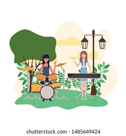women with musical instruments and background landscape