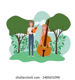 women with musical instruments and background landscape