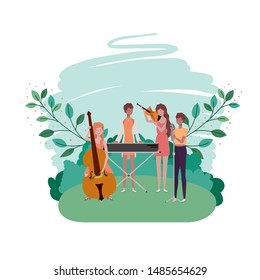 women with musical instruments and background landscape