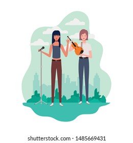 women with musical instruments and background landscape