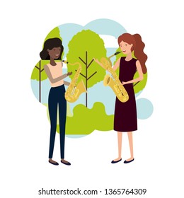 women with musical instruments in landscape