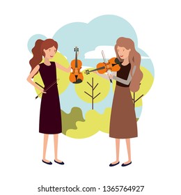 women with musical instruments in landscape
